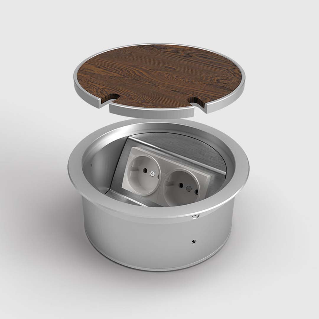 Bodensteckdose, 2-fach, rund, aufliegender Deckel aus Aluminium (9902A) 1