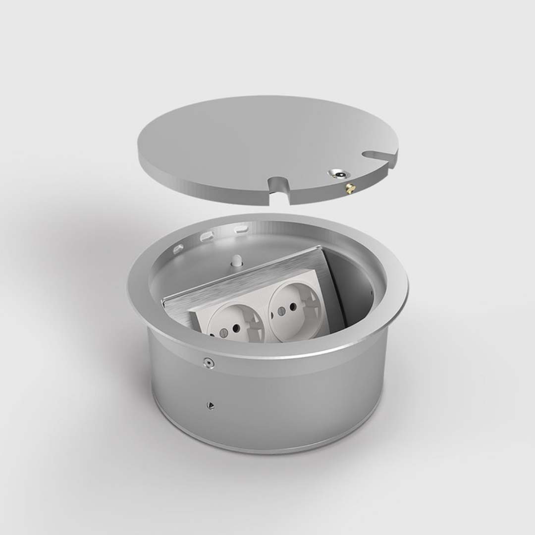 Bodensteckdose, 2-fach, rund, drehbar, IP65, aufliegender Deckel aus Aluminium (9902D) 1