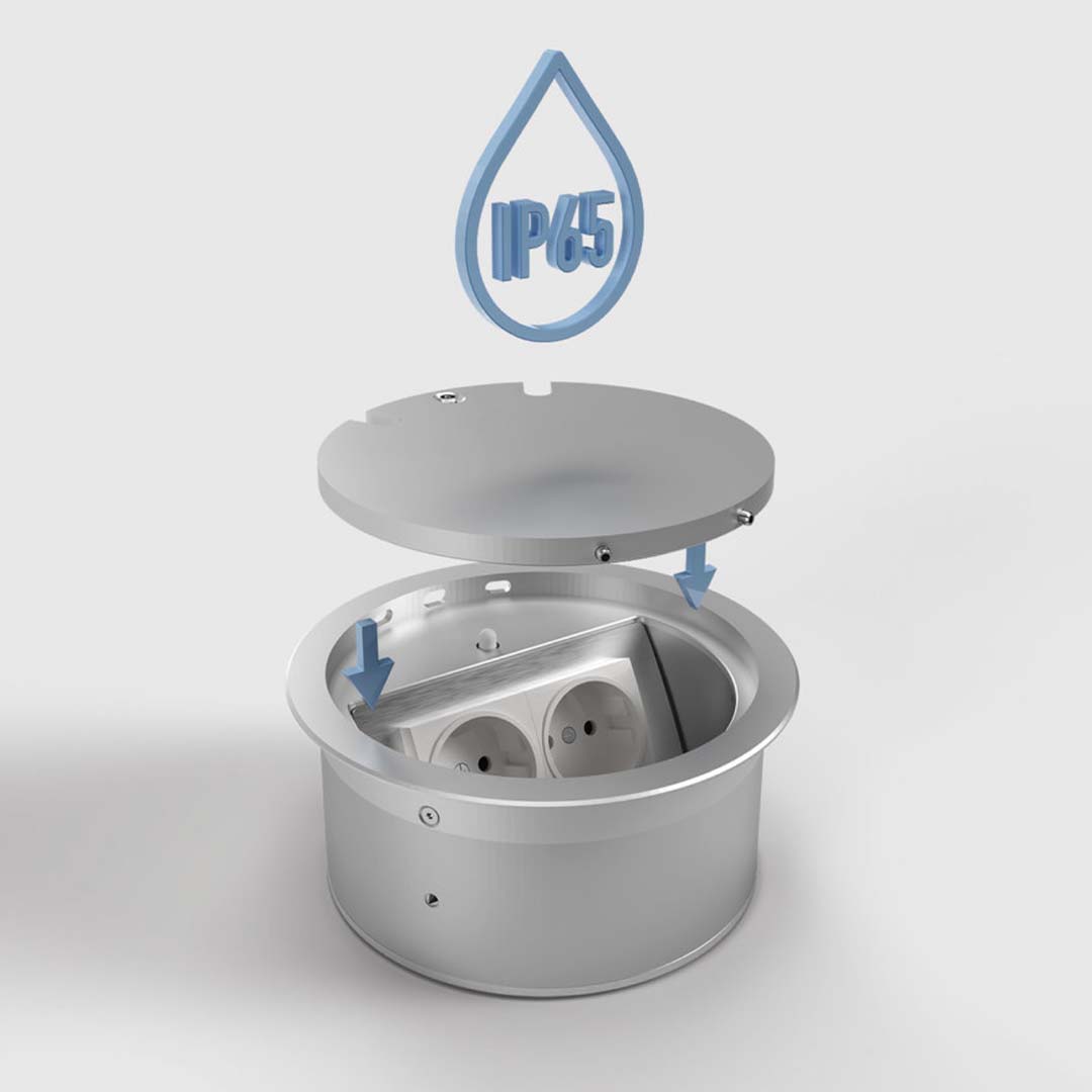 Bodensteckdose, 2-fach, rund, drehbar, IP65, aufliegender Deckel aus Aluminium (9902D) 5