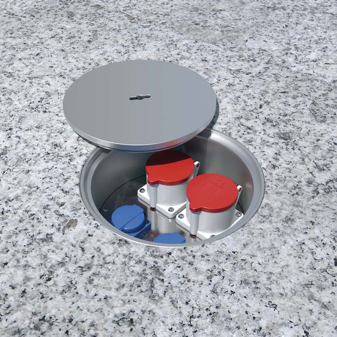 CEE Bodentank, 4-fach, rund, verschließbar, IP67, 2x Schuko, 1x CEE 5/16A, 1x CEE 5/32A (7022A) 5